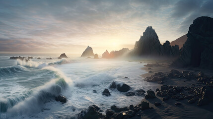Fototapeta na wymiar Beach with the sunset behind a rock and crashing waves