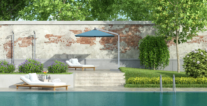 Garden with large swimming pool and lush vegetation - 3d rendering