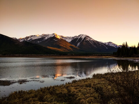 Vermillion Lakes at sunset in spring at Banff National Park, Alberta, Canada