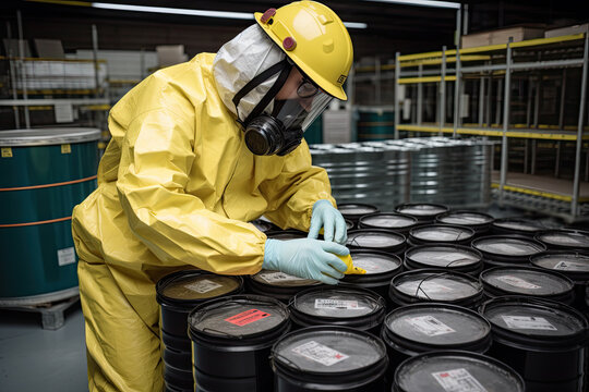 a man wearing a protective suit and mask working on barrels in a large room filled with black oil cans,