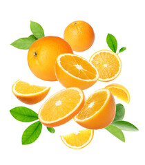 Fototapeta na wymiar Cut and whole oranges with green leaves flying on white background