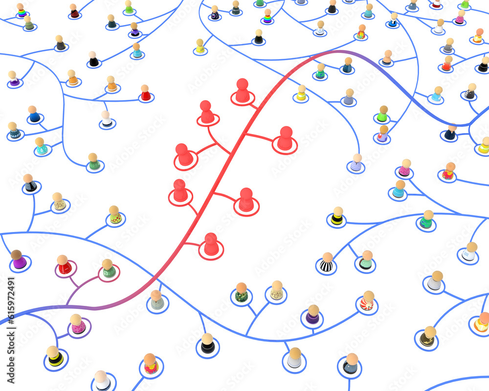 Poster crowd of small symbolic 3d figures linked by lines, isolated
