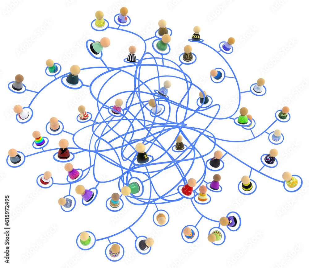 Poster crowd of small symbolic 3d figures linked by lines, tangled chaotic network, isolated