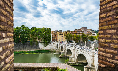 View of people walk on St Angel Bridge (Ponte Sant' Angelo) from Castel Sant'Angelo (Castle of Holy...