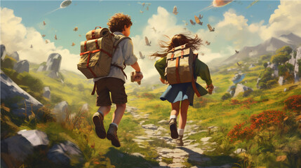school childern adventure fantasy illustration painting, generative ai