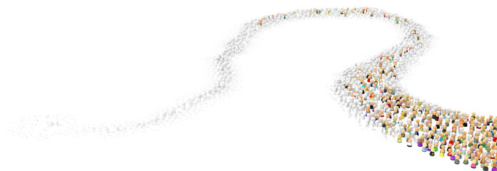 Crowd of small symbolic 3d figures, appear and colorize along path, over white