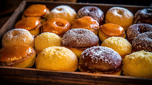 some doughs in a wooden box with powdered sugar on top and sprinng from the inside,