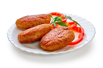 Three fried breaded cutlet with lettuce and parsley isolated on white background