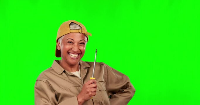 Handyman, tools and face of senior woman on green screen for diy, maintenance and plumber. Construction, home improvement and repair with portrait of contractor on studio background for building