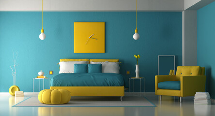 Blue and yellow master bedroom with double bed and armchair - 3d rendering
