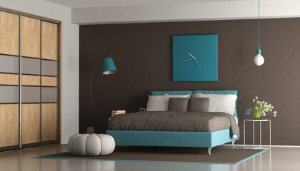 Blue and brown modern master bedroom with double bed and wardrobe - 3d rendering