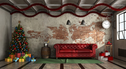 Modern living room in a loft with red sofa and christmas decoration - 3d rendering