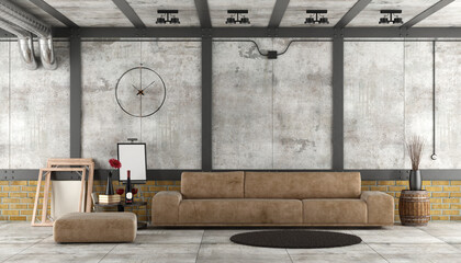Living room in a loft with leather sofa against brick and concrete wal - 3d rendering