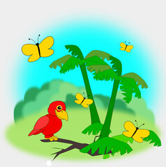 A red parrot sitting on a branch, with some yellow butterflies fluttering around, and some palm trees.