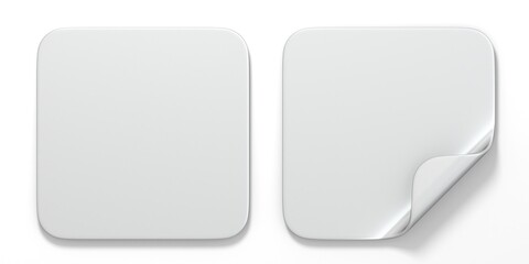 Blank white square stickers with curved corner 3D render illustration isolated on white background
