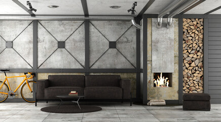 Living room in a loft with fireplace and leather sofa - 3d rendering