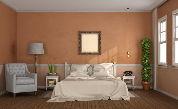 Master bedroom in classic style with wooden bedroom and armchair - 3d rendering