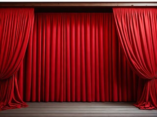 Empty red curtain stage, wooden floor with spotlight. Theater, opera scene with drape, concert or cinema grand opening. Generative AI
