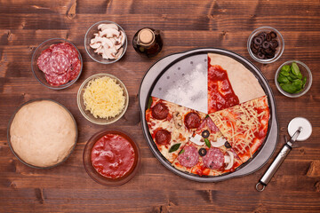 Ingredients and phases of making a delicious homemade pizza - five slices depicting the process
