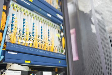 fiber optic with servers in a technology data center .