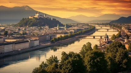 Obraz premium Panoramic view over city Salzburg at summer morning, Salzburg, Austria