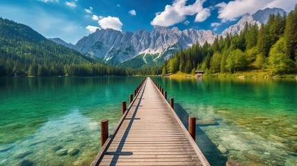 Breathtaking view of Fusine lake with Mangart peak on background. Popular travel destination of Mediterranean sea. Location: Tarvisio comune , spring