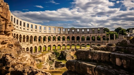 Famous tourist attraction . Ancient architecture of Greece. Travel destinations of colosseum island