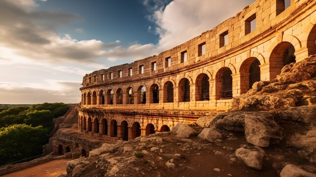 Famous tourist attraction . Ancient architecture of Greece. Travel destinations of colosseum island