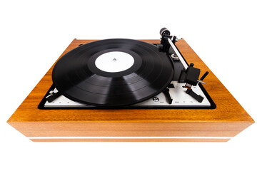 Vintage turntable vinyl record player isolated on white. Wooden plinth. Retro audio equipment.