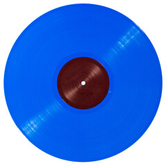 Blue vinyl record disc with brown paper label isolated on white background.