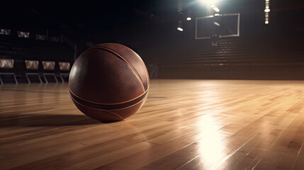 Basketball on wooden floor with stadium background