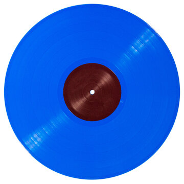 Blue vinyl record disc with brown paper label isolated on white background.
