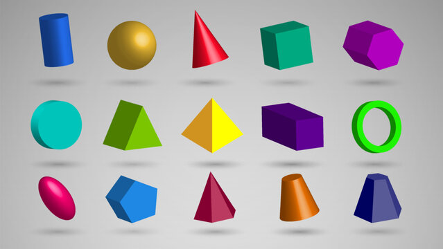 Collection of 3d geometric shapes: triangle, ball, cube, cone, cylinder, pentagon, oval, rectangle in different colors on a white background.
