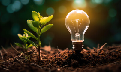 light bulb plant inside dark nature compositing green leaves recycled props containing trees simplicity connectedness solar power thick jungle shining lamps white paper. - obrazy, fototapety, plakaty
