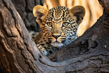 a leopard cub peering out from behind a tree in the kruger national park, south africa photo by david evans - obrazy, fototapety, plakaty