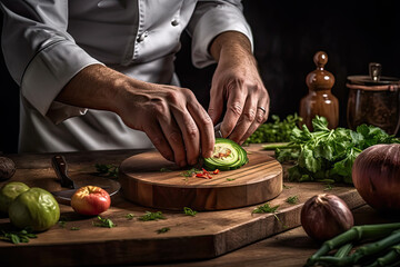 someone cutting an avocal on a wooden board with vegetables and herbs in the photo is dark, but there's no