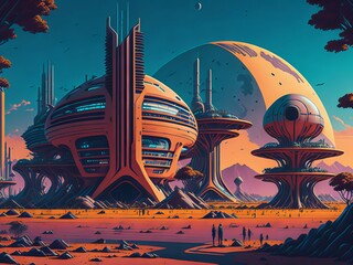 Retrofuturistic landscape in 80s sci-fi style. Retro science fiction scene with futuristic buildings. Generative AI