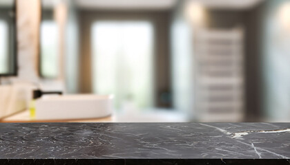 Empty marble top table with blurred bathroom interior Background. for product display montage
