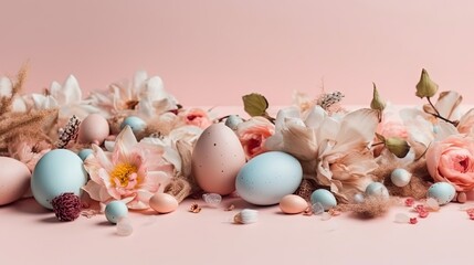 Colorful eggs and plants on pastel background for Happy Easter Day