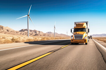 a yellow truck driving down the road with wind turbines in the background on a clear blue sky and some hills