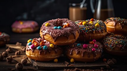 a collection of donuts with fruit toppings on a wooden plate with a blurred background