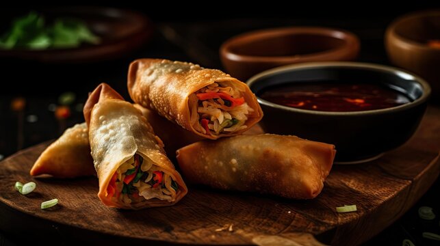 Closeup crispy eggrolls on wood plate with blurred background