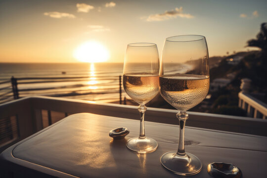 The beauty of champagne is captured in this stunning photo of two glasses on a table at golden hour, perfect for any celebration. AI Generative.