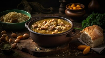 closeup green chile stew mexican food on wooden mug with blurred background