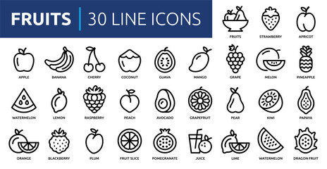 Fruits line icon set. Containing apple, banana, strawberry, cherry, lemon, coconut, peach, watermelon, raspberry, pineapple, orange juice and more. Outline icons collection. Vector illustration.