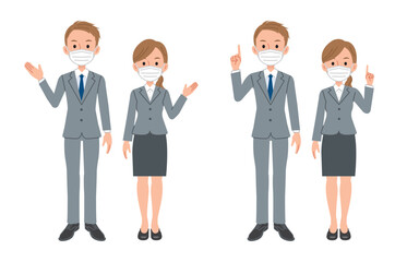 マスクを付けて案内するビジネスパーソン