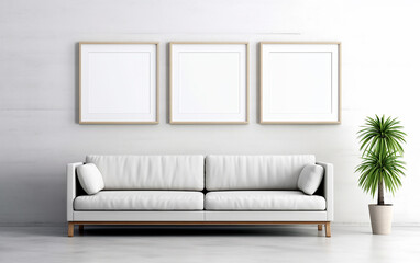 A white sofa of sleek design is positioned in the space. Three picture frames are elegantly displayed on the white wall. Generative AI.