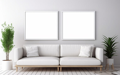 The white wall features two frames specifically for photos. A sleek white sofa graces the room. Generative AI.
