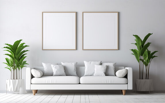 Two picture frames are displayed on the white wall. A white sofa with a simple design is placed in the room. Generative AI.