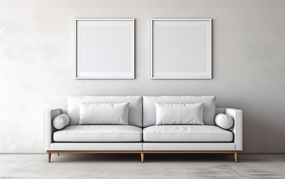 On the white wall, there are two frames for photographs. A white sofa of minimalist design is positioned in the space. Generative AI.
